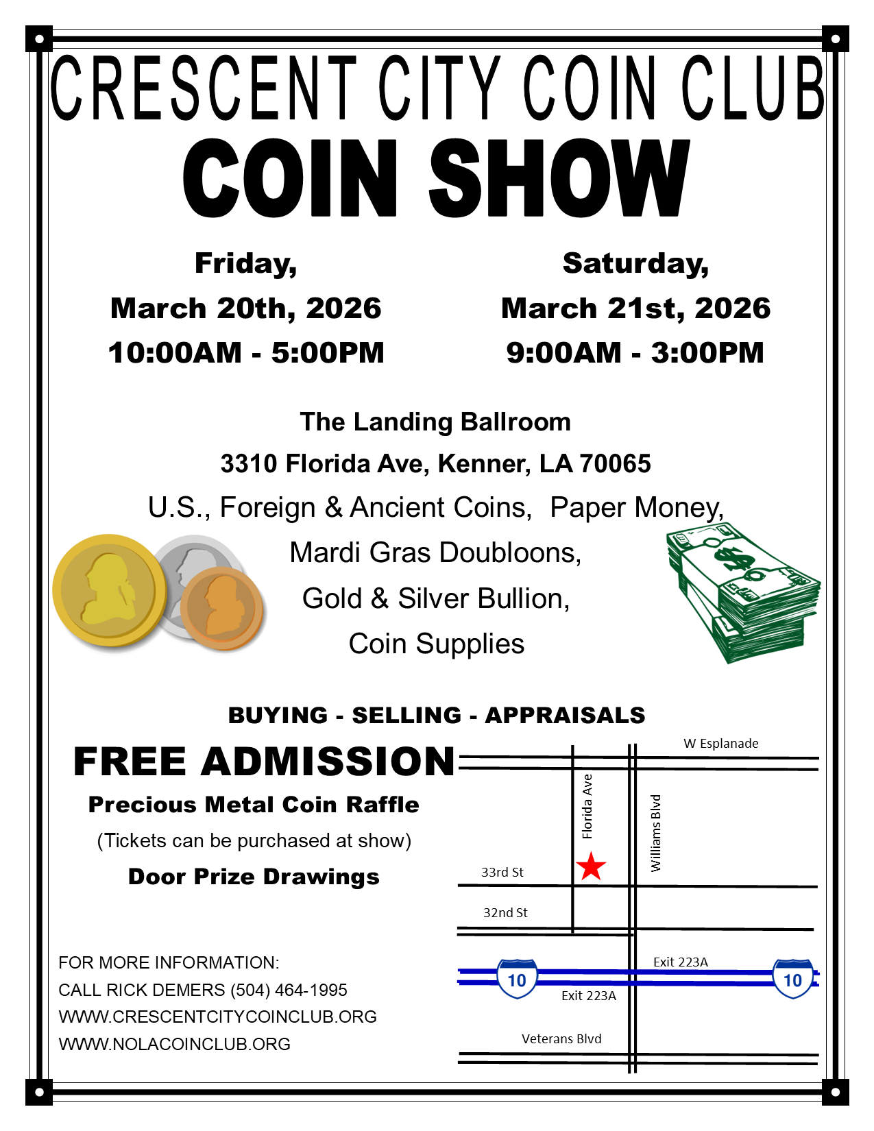 Flyer for New Orleans Aera Coin Show. Crescent City Coin Club Coin Show